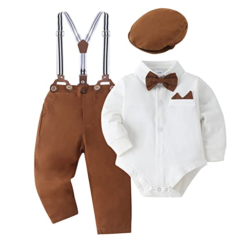 Baby Boy Clothes Set Infant Tuxedo Long Sleeve Gentleman Suit Outfits + Beret Hat + Suspender Pants + Bowtie White, 12-18 Months from 