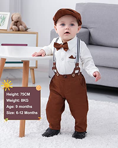 Baby Boy Clothes Set Infant Tuxedo Long Sleeve Gentleman Suit Outfits + Beret Hat + Suspender Pants + Bowtie White, 12-18 Months from 
