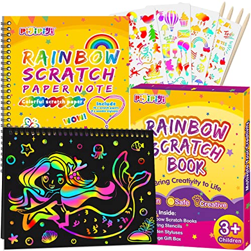 Pigipigi Rainbow Scratch Paper for Kids - 2 Pack Scratch Off Notebooks Arts Crafts Supplies Kits Drawing Paper Black Magic Sheets Scratch Pad Activity Toy for Girls Boys Game Christmas Birthday Gift by pigipigi