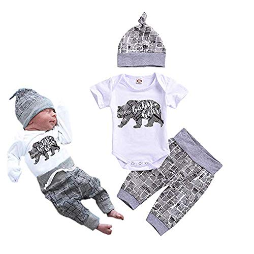 Newborn Baby Boy Clothes Baby Bear Letter Print Romper+Long Pants+Hat 3PCS Outfits Set White by 