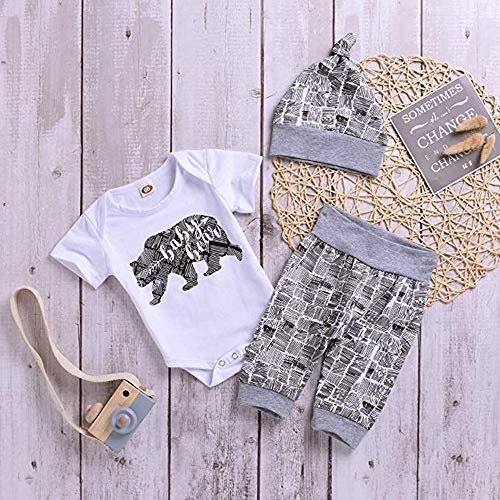 Newborn Baby Boy Clothes Baby Bear Letter Print Romper+Long Pants+Hat 3PCS Outfits Set White by 