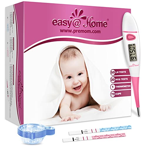 Easy@Home Ovulation Test Kit: 50 Ovulation Strips & 20 Early Pregnancy Tests & One Basal Body Thermometer & 70 Urine Cups - Accurate Fertility Tracker OPK with Free APP - 50LH+20HCG+BBT EZTB-S-521C from Easy@Home