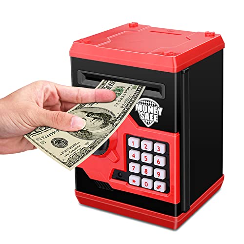 Renvdsa Cartoon Electronic ATM Password Piggy Bank Cash Coin Can Auto Scroll Paper Money Saving Box Gift for Kids (Black red) by Adevena