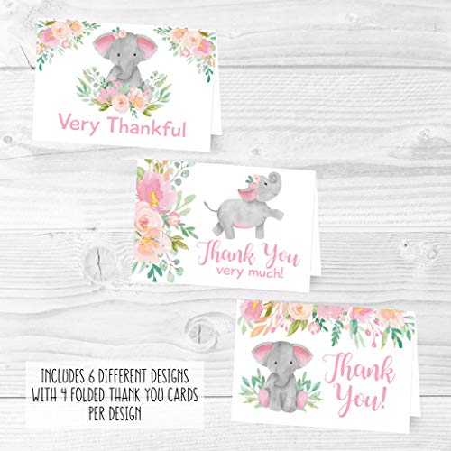 24 Pink Floral Elephant Baby Shower Thank You Cards With Envelopes, Kids Thank You Note, Vintage Animal 4x6 Varied Gratitude Card Pack For Party, Kids Girl Children Birthday, Modern Event Stationery by Hadley Designs