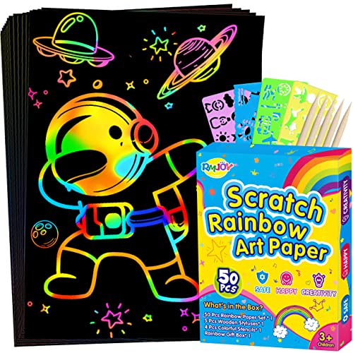 RMJOY Rainbow Scratch Paper Sets: 50pcs Magic Art Craft Scratch Off Papers Supplies Kits Pad for Age 3-12 Kids Girl Boy Teen Toy Game Gift for Birthday|Party Favor|DIY Activities|Painting Game Gifts from RMJOY