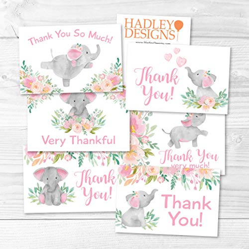 24 Pink Floral Elephant Baby Shower Thank You Cards With Envelopes, Kids Thank You Note, Vintage Animal 4x6 Varied Gratitude Card Pack For Party, Kids Girl Children Birthday, Modern Event Stationery by Hadley Designs