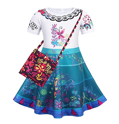 HenzWorld Girls Mirabel Dress Costume Princess Cosplay Dress Birthday Party Print Skirt Sets with Bag Toddler Summer Flower Magic Skirt 5-6 Years by 