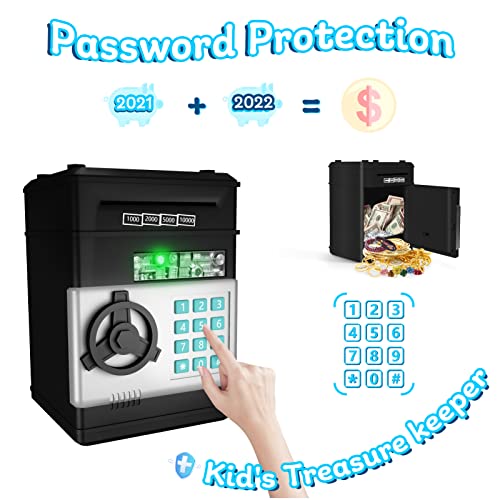 Piggy Bank for Boys,Kids Coin Bank with Safe Password,Electronic Mini ATM with Auto Scroll Paper Money,Best Birthday Chritmas Gifts for Boys by Shantou Three bear Technology Industrial Co.,LTD