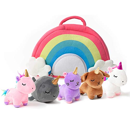 Pixie Crush Unicorn Toys Stuffed Animal Gift Plush Set with Rainbow Case â 5 Piece Stuffed Animals with 2 Unicorns, Kitty, Puppy, and Narwhal â Toddler Gifts for Girls Aged 3, 4, 5 ,6 ,7, 8 yr olds by PixieCrush