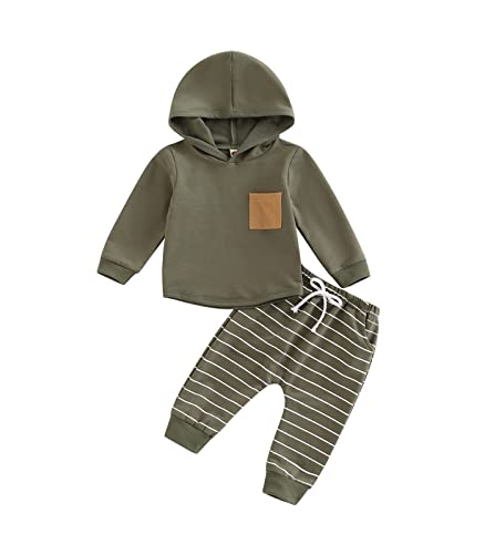 Baby Boys Clothes 3 6 9 12 18 24M 3T Pants Set Hooded Patchwork Hoodie Striped Sweatpants Fall Winter Outfit (Army Green, 0-6 Months) from MA&BABY