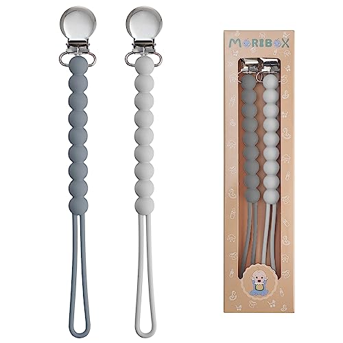 Pacifier Clip for Boys Girls - MORIBOX Paci Clip Soothie Baby Binky Holder for Shower Gift Birthday 2 Pack (Grey) from MORIBOX