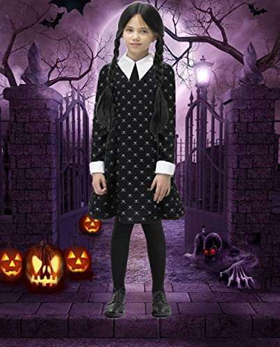 Girls Wednesday Addams Costume Dress Kids Halloween Costumes with High Socks Skull Printed Long Sleeve Pugsley Cosplay OU039S from 