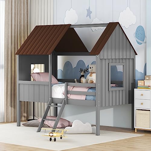 Kids House Beds, Low Loft Bed Frames Twin Size, Wood Play House Bed for Girls/Boys/Toddlers, Antique Gray with Gray by OrienÂ Life