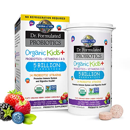 Garden of Life Dr. Formulated Probiotics Organic Kids+ Plus Vitamin C & D - Berry Cherry - Gluten, Dairy & Soy Free Immune & Digestive Health Supplement, No Added Sugar, 30 Chewables (Shelf Stable) by Garden of Life