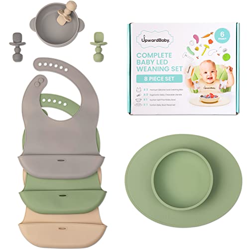 Baby Led Weaning Feeding Supplies for Toddlers - UpwardBaby Baby Feeding Set - Suction Silicone Baby Bowl - Self Eating Utensils Set with Spoons, Bibs, Placemat - Dishwasher-Safe Infant Food Plate Kit by UpwardBaby