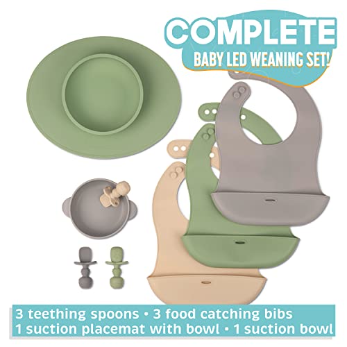 Baby Led Weaning Feeding Supplies for Toddlers - UpwardBaby Baby Feeding Set - Suction Silicone Baby Bowl - Self Eating Utensils Set with Spoons, Bibs, Placemat - Dishwasher-Safe Infant Food Plate Kit by UpwardBaby