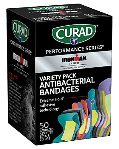 Curad Performance Series Ironman Antibacterial Bandages, Extreme Hold Adhesive Technology, Assorted Variety Pack Includes Standard, XL, Finger & Knuckle Fabric Bandages, 50 Count from Medline