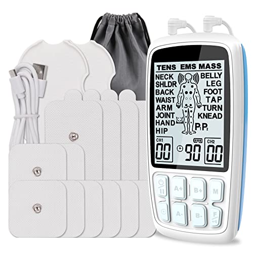Conree Dual Channel TENS Unit EMS Muscle Stimulator with 24 Programs for Pain Relief Therapy, Rechargeable Pulse Massager Machine with Case and 12 Pads for Back, Shoulder, Waist, Arm, Leg from conree