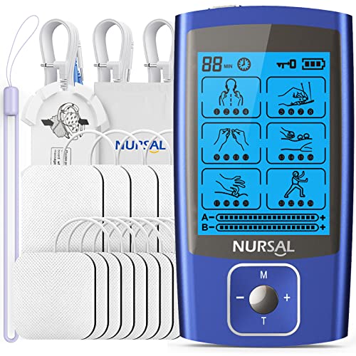 NURSAL 24 Modes Dual Channel TENS EMS Unit Muscle Stimulator for Pain Relief Therapy, Rechargeable TENS Machine Pulse Massager with 12 Pcs Electrode Pads/Continuous Stable Mode/Memory Function from NURSAL