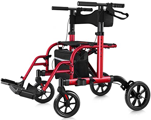 WALK MATE- Updated Rollator Walker Transport Chair Hybrid with Seat for Seniors Adults Medical Rolling Walker-10 Inch Large Wheels Detachable Adjustable Footrests Folding Wheelchair Red from WALK MATE