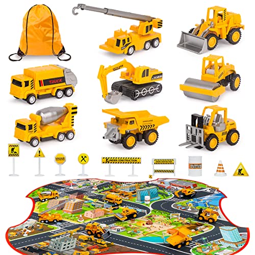 Meland Construction Vehicles Truck Toys Set with Play Mat - 8 Mini Engineer Pull Back Cars, 22.7x32.7Inch Playmat & 12 Road Signs, Toy Car Set for Boys Toddlers Birthday Christmas 3+ Year Old from Meland