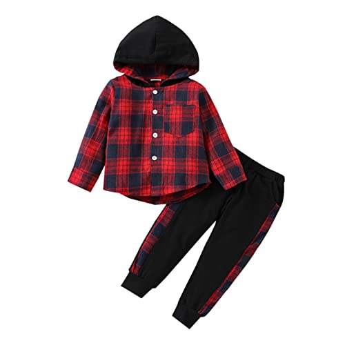 Toddler Boys Clothes 3-4T Boy Fall Winter Outfits Lattice Button Down Long Sleeve Plaid Shirt Hoodied Tops + Pants Sets Red Plaid Flannel Outfits 3T 4T from 