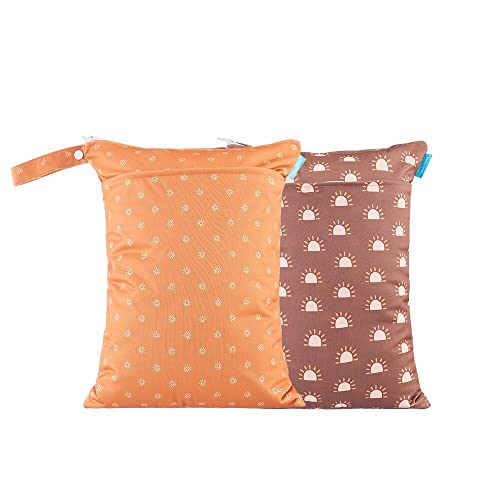 2 pcs/set Wet Dry Bags for Baby Cloth Diapers - Reusable, Washable for Stroller, Diapers, Toiletries, Travel Bags, Beach, Pool, Gym Bag with Two Zippered Pockets 11.8 * 15.7 inch (Orange) from 