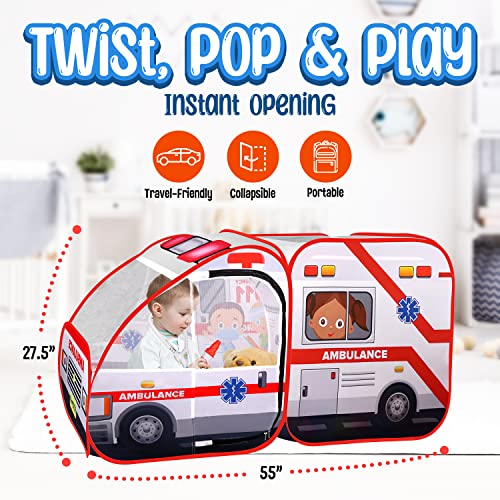 Ambulance Pop-up Play Tent for Kids with Sounds, Doctor Kit & Ball Pit for Toddlers & Up - Easy Setup Pop up Toy, Kids Tent for Indoor & Outdoor, Emergency Vehicle Playset, Pretend Play, Great Gift by Kiddzery