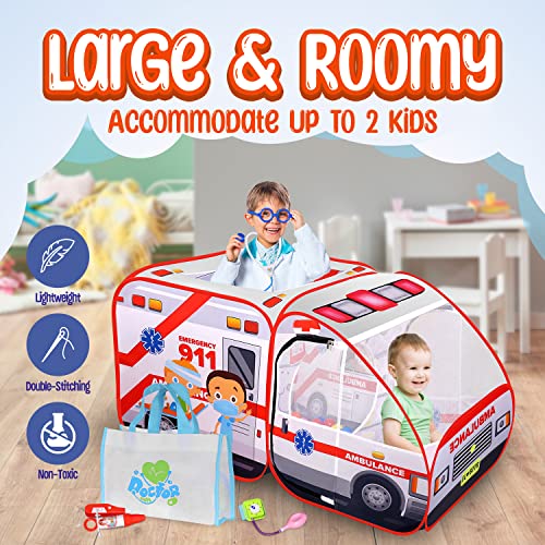 Ambulance Pop-up Play Tent for Kids with Sounds, Doctor Kit & Ball Pit for Toddlers & Up - Easy Setup Pop up Toy, Kids Tent for Indoor & Outdoor, Emergency Vehicle Playset, Pretend Play, Great Gift by Kiddzery