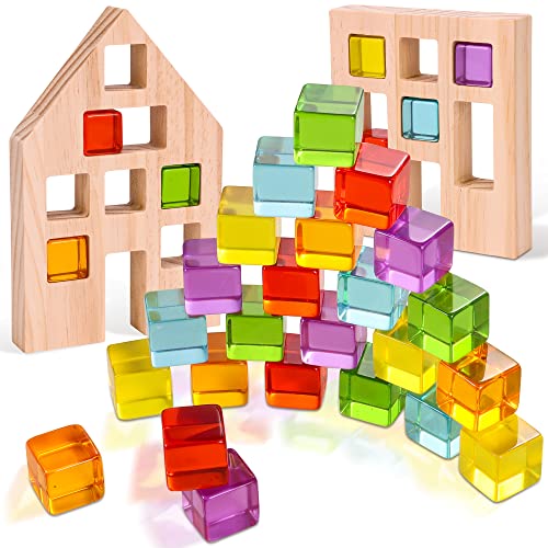 Wooden Building Blocks Set for Kids, 24 PCS Rainbow Gem Cubes Stacking Blocks - 2 Wood House, Montessori Stacking Toys for Toddlers, Educational Preschool Learning STEM Christmas Toys for Boy Girl 3-6 by Woodtoe