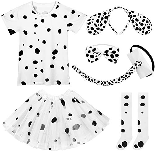 SOMSOC 6 Pieces 100 Days of School Girls Dalmatian Dog Costume Set Dalmatian T-Shirt Headband Tail Bow tie Socks Tutu Skirt from SOMSOC