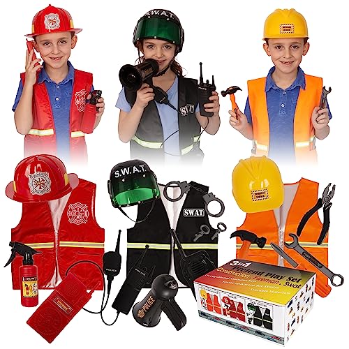 Tigerdoe Dress Up Trunk- 3 Costume Sets- Fireman Costume, Swat Police Costume and Construction Worker costume with Accessories-16 PC set from Tigerdoe