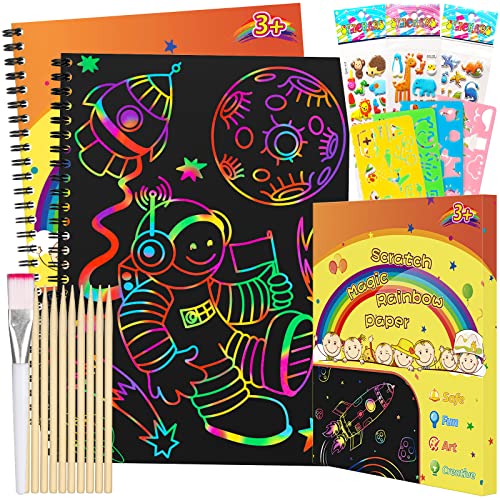 Scratch Paper Art Set Books for Kids, 2 Pack Rainbow Magic Scratch Off Art Craft Drawing Note Pad Supplies Kits for Kids Activity for 3-12-Year-Old Girls Boys Birthday Game Party Christmas Toy Gift by SUPDILLI