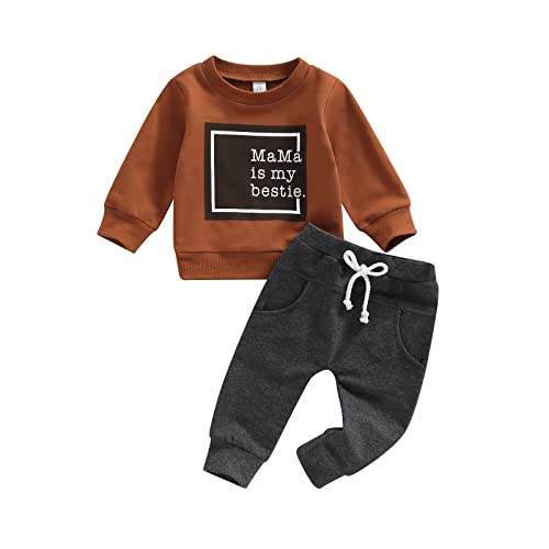 Toddler Baby Boy Clothes Set Solid Color Long Sleeve Crewneck Sweatshirt Top Casual Pants Set 2Pcs Fall Winter Outfits (Brown B, 6-12 Months) from Bagilaanoe
