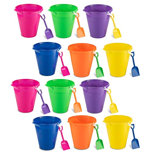 4E's Novelty 9" Large Sand Bucket with Shovel [12 Pack Bulk] Beach Buckets - Beach Toys for Kids & Toddlers, Party Favors by 4E's Novelty