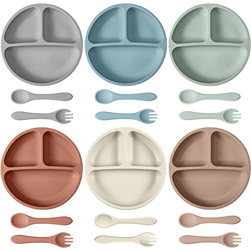 18 Pcs Baby Suction Plates Toddler Divided Plate Set Silicone Baby Plates with Forks and Spoons Baby Plates with Suction Toddler Utensils for Baby Kids Dishwasher Microwave Safe (Macaron Color) by Mimorou