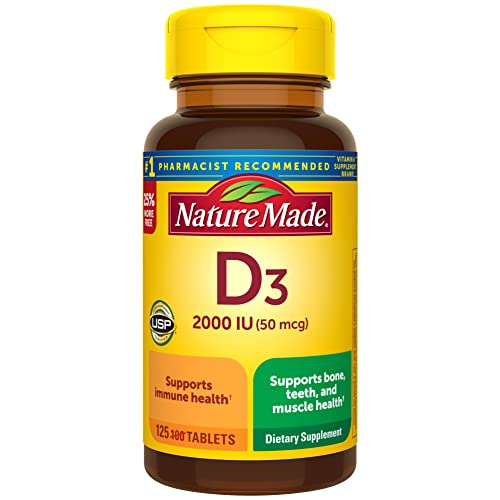 Nature Made Vitamin D3, 125 Tablets, Vitamin D 2000 IU (50 mcg) Helps Support Immune Health, Strong Bones and Teeth, & Muscle Function, 250% of The Daily Value for Vitamin D in One Daily Tablet from AmazonUs/PHAF9
