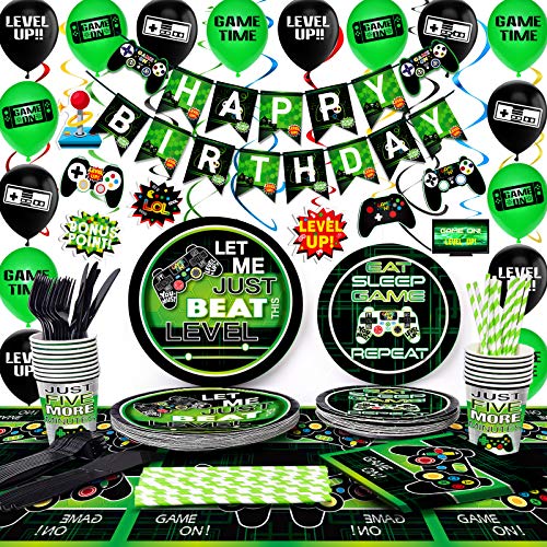 TMCCE Video Game Party Supplies Gaming Party Decoration For Boys Paper Plates,Cups,Napkins, Straws,Hanging Swirls,Balloons And Happy Birthday Banner For Boy Gamer Birthday Party Decoration 178 PCS from TMCCE