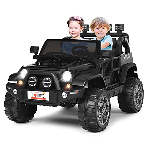 Costzon 2-Seater Ride on Truck, 12V Battery Powered Electric Vehicle Toy w/ 2.4G Remote Control, 3 Speed, LED Lights, MP3 Horn, Music, 2 Doors Open, Spring Suspension, Ride on Car for Kids (Black) by Costzon