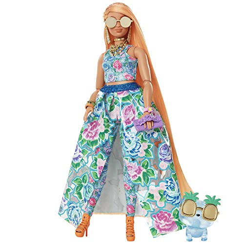 Barbie Extra Fancy Doll, Curvy Doll in Floral 2-Piece Gown, with Pet Kitten, Extra-Long Hair & Accessories, Flexible Joints, for 3 Year Olds & Up from Mattel