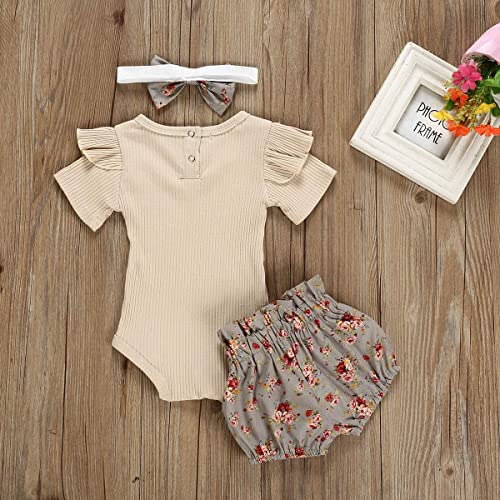 Newborn Baby Girls Clothes Floral Sleeve Romper+ Floral Short Pant 3pcs Summer Outfit 12-18 Months Apricot by 