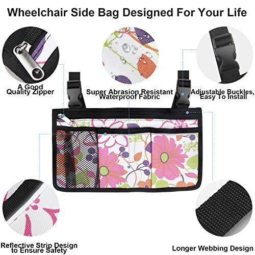 Update Flower Color Wheelchair Bag Side Organizer Storage Armrest Pouch with Cup Holder and Reflective Stripe Use Waterproof Fabric, for Most Wheelchairs, Walkers or Rollators (Pink Floral) by HSGEZUOQI