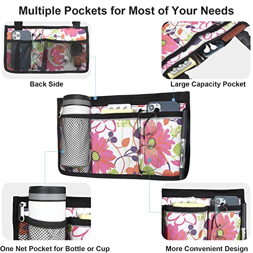 Update Flower Color Wheelchair Bag Side Organizer Storage Armrest Pouch with Cup Holder and Reflective Stripe Use Waterproof Fabric, for Most Wheelchairs, Walkers or Rollators (Pink Floral) by HSGEZUOQI