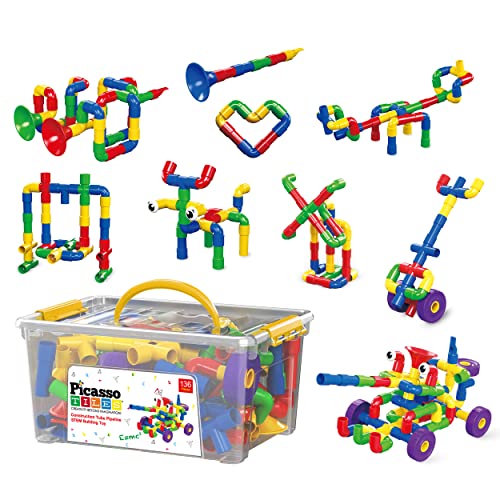 PicassoTiles PTT136 136pcs Tubular Pipes & Spout STEAM Interlocking Educational Building Block Set, Tube Locks, Pipeworks Construction Blocks w/ Storage Container Box, Idea Book, Flute Musical Kit from PicassoTiles