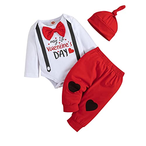 ODIMAME 6-9 Months My 1St Valentines Baby Boy Outfits 9-12 Months Infant Romper Clothes Pants Set Cute Hat Red 90cm by 