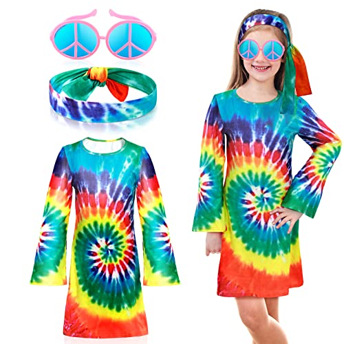 3 Pcs 60s 70s Hippie Costume Set for Girls Include Retro Girl Dress, Headband and Sunglasses for Hippie Party Cosplay (Tie Dye Style) by Didaey
