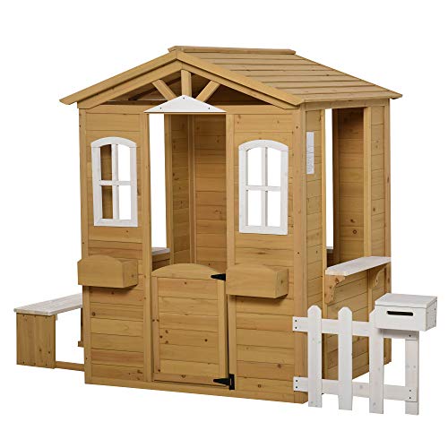 Outsunny Outdoor Playhouse for Kids Wooden Cottage with Working Doors Windows & Mailbox, Pretend Play House for Age 3-6 Years from Aosom LLC