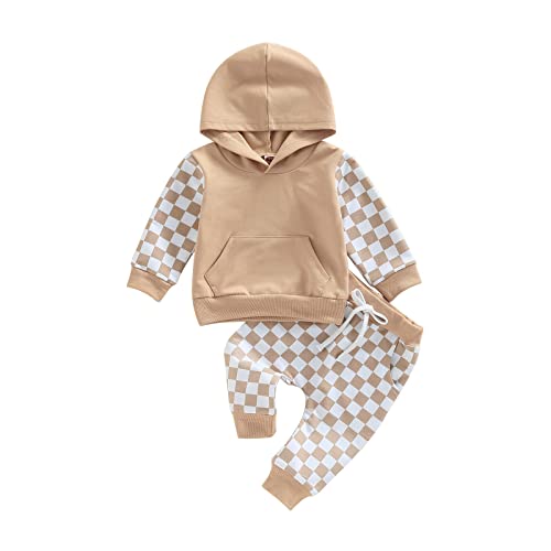 Toddler Baby Boy Girl Fall Winter Outfits Checkerboard Plaid Hoodie Sweatshirt Top Elastic Waist Pants 2Pcs Set (Light Brown , 18-24 Months ) by DNOMAID YZARC
