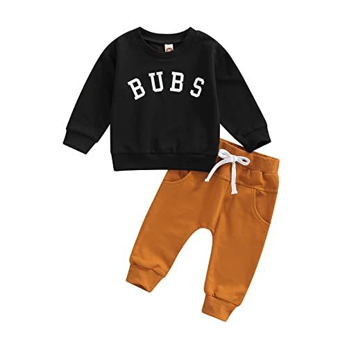 Toddler Infant Baby Boy Clothes Long Sleeve Letter Print T-Shirt Tops Solid Pants 2Pcs Fall Winter Outfits (B-Black , 6-12 Months ) from Chzstarly