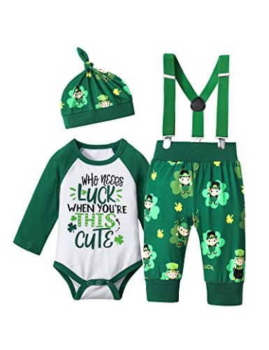 Queenstyle Baby Boy My First ST Patrick's Day Outfit 0-3 Months Long-sleeve Bodysuit + Green Strap Pants + Cute Hat Outfits Set by 